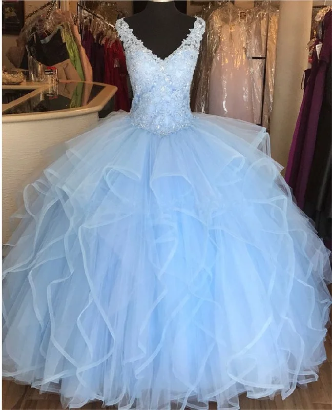 women's boho dressesElegant Lace Blue Quinceanera Dresses V-neck Sequin Ball Gowns Sweet 16 Dress