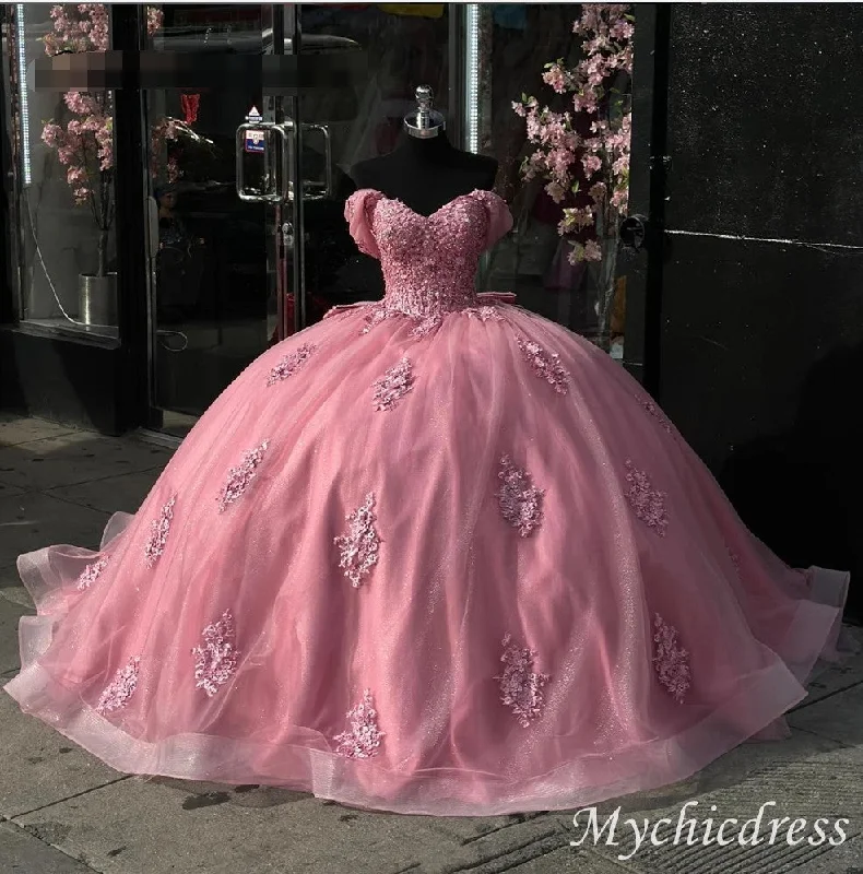 women's one-shoulder dressesGlitter Ball Gown Vintage Pink Quinceanera Dresses Lace Off the Shoulder with Bow