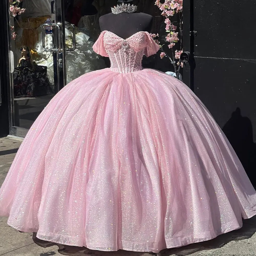 women's mini dressesGlitter Pearls Pink Quinceanera Dresses Ball Gowns Sweet 15 16 Birthday Dress