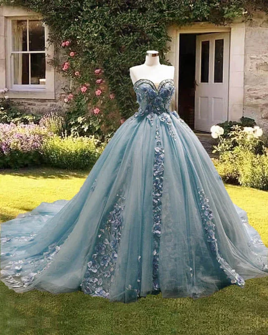 women's affordable dressesGorgeous Sweetheart Blue Ball Gown Quinceanera Dress Strapless with 3D Flowers