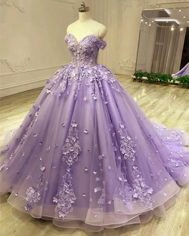 women's beach dressesGorgeous Tulle Purple Quinceanera Dress 3D Lace Appliques Ball Gown Dress