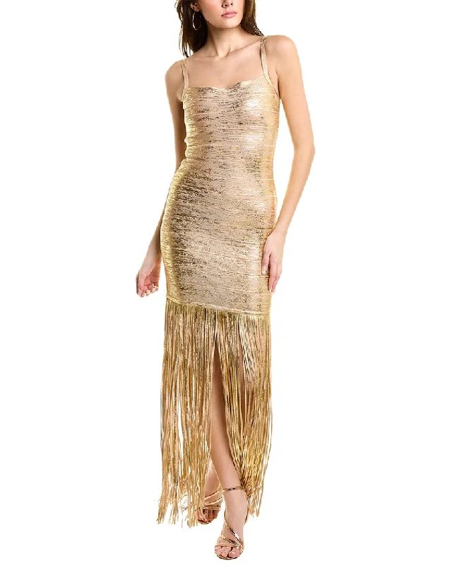 women's velvet dressesHerve Leger Banded Foil Fringe Gown