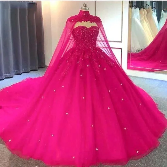 women's lace dresses2025 Hot Pink Quinceanera Dresses Sweet 16 Ball Gown Detachable Cape