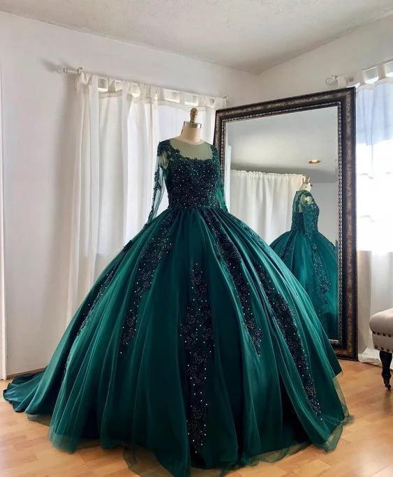 women's prom dressesLace Beaded Green Ball Gown Quinceanera Dress Long Sleeves Graduation Dresses