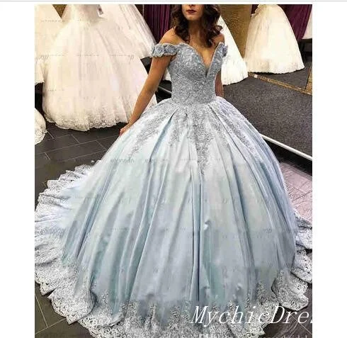 women's maxi dressesLight Blue Sweet 15 Dresses Ball Gown Lace Appliques off Shoulder Quinceanera Dress