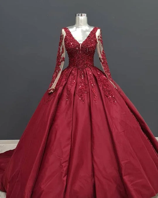 women's designer dressesLong Sleeves Burgundy Satin Quince Dresses Plus Size Lace Appliques Bridal Gown