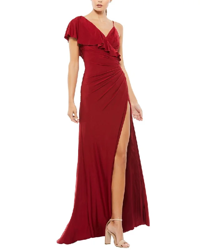 women's casual dressesMac Duggal Asymmetric Jersey Ruffled Cap Sleeve Gown