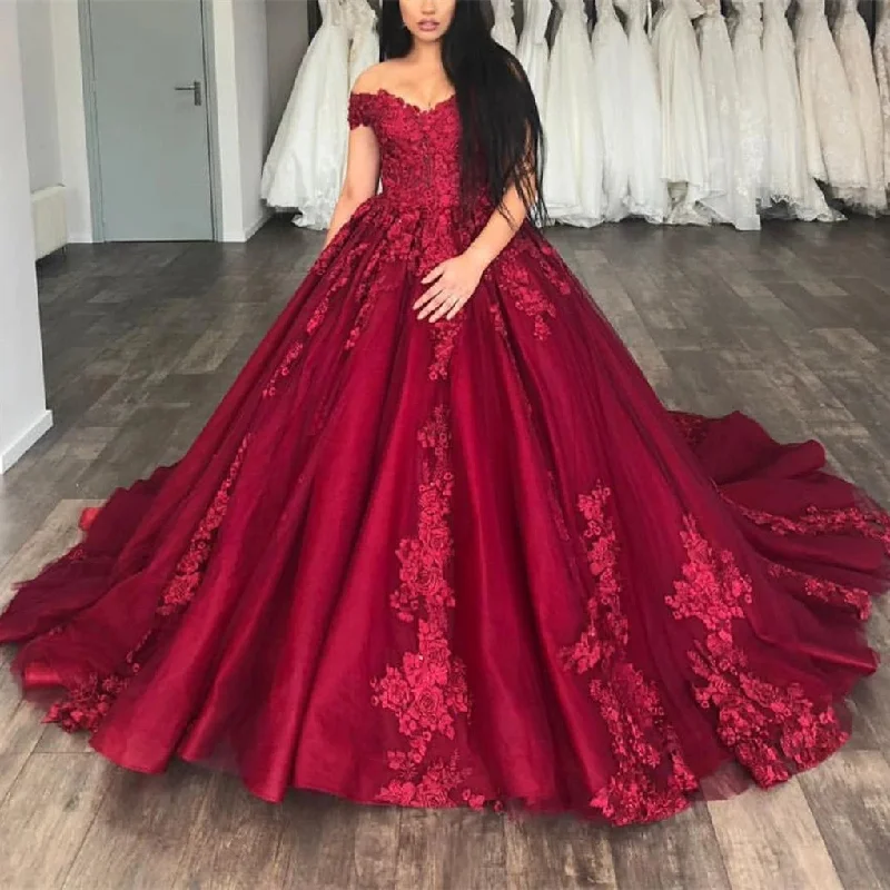 women's sheath dressesMaroon Quinceanera Dresses Lace Appliques Off The Shoulder Ball Gowns