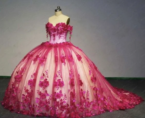 women's pear-shaped body dresses2025 New Off The Shoulder Hot Pink Quinceanera Dress 3D Flower Ball Gowns