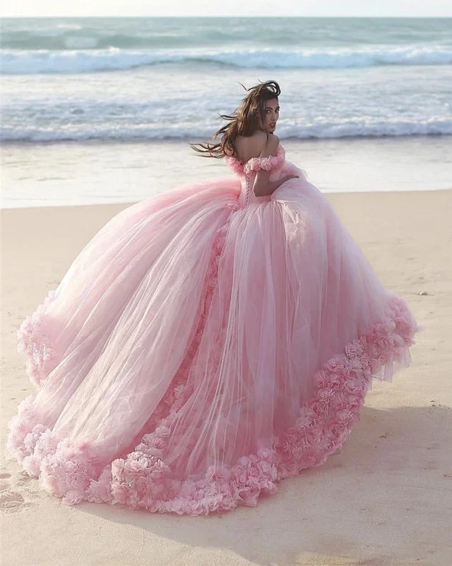 women's empire waist dressesOff Shoulder Flowers Tulle Ball Gown Pink Quinceanera Dresses