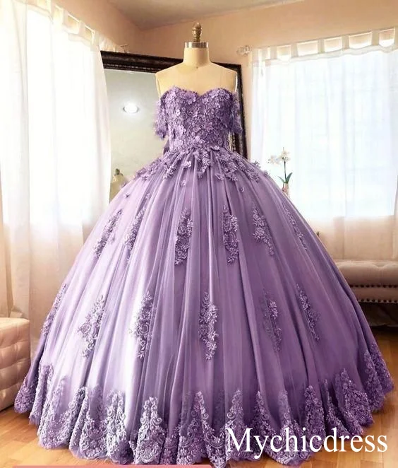 women's high-low dressesOff Shoulder Lace Ball Gown Quinceanera Dresses Embroidered