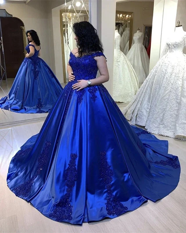 women's cotton dressesOff Shoulder Royal Blue Lace Satin Ball Gown Quinceanera Dresses