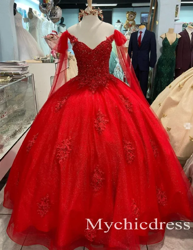 women's spaghetti strap dressesOff Shoulder Sweet 15 Gown Red Quinceanera Dresses 3D Flowers