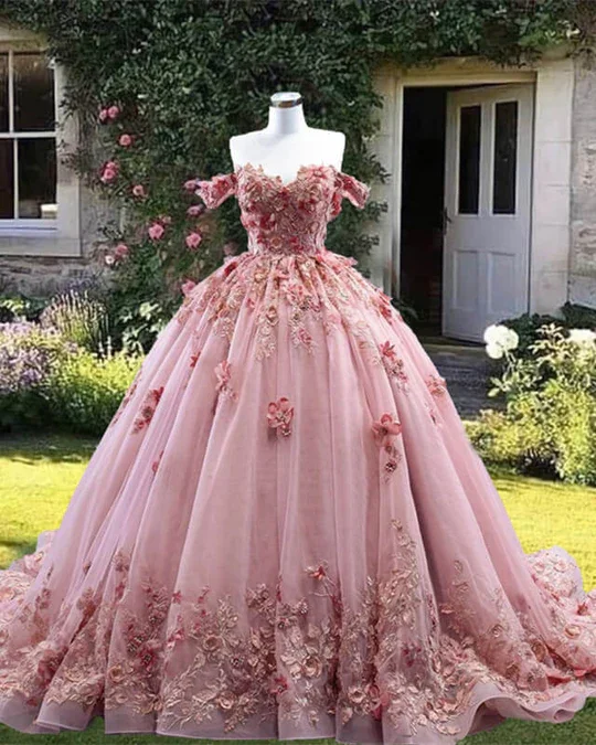 women's luxury dressesOff The Shoulder 3D Flowers Ball Gown Pink Quinceanera Dresses