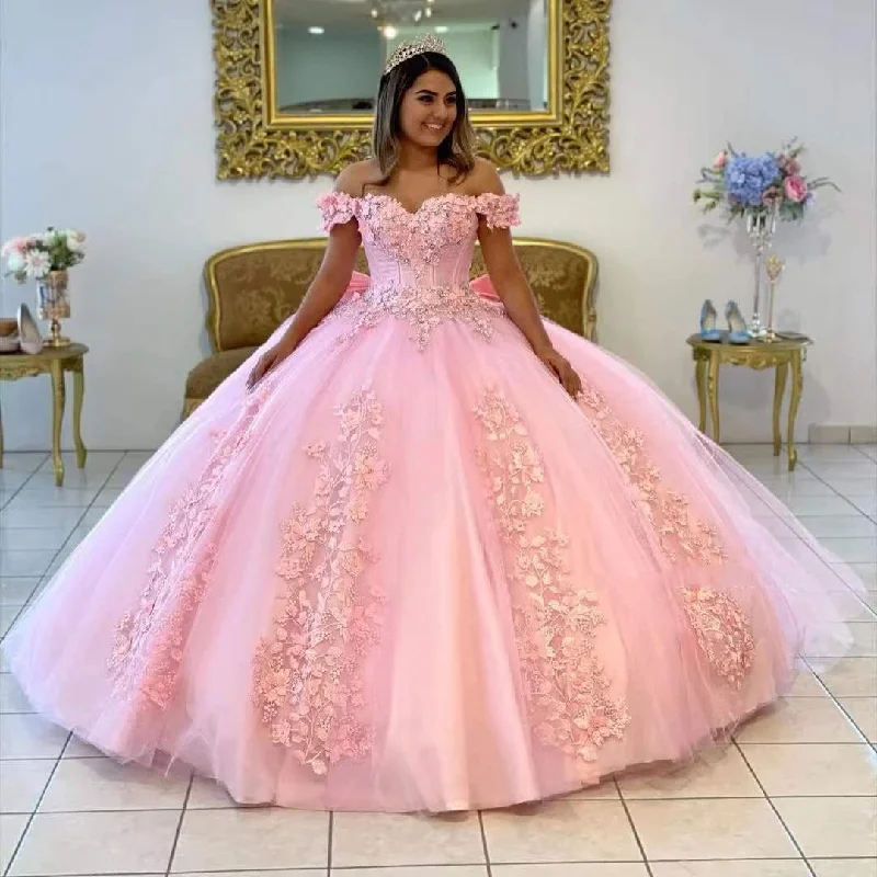 women's maximalist dressesOff the Shoulder Lace Pink Quinceanera Dresses Applique Beaded Ball Gowns