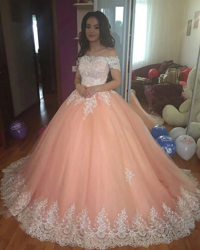 women's mini dressesOff The Shoulder Lace Pink Quinceanera Dresses Ball Gown Sweet 16 Dress