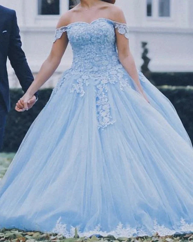 women's denim dressesOff the Shoulder Light Blue Lace Ball Gown Quinceanera Dresses