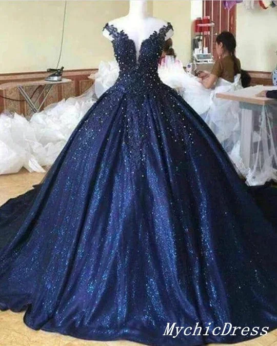 women's sheath dressesOff the Shoulder Navy Blue Sequin Quince Dresses Ball Gown Lace Sweet 16 dress