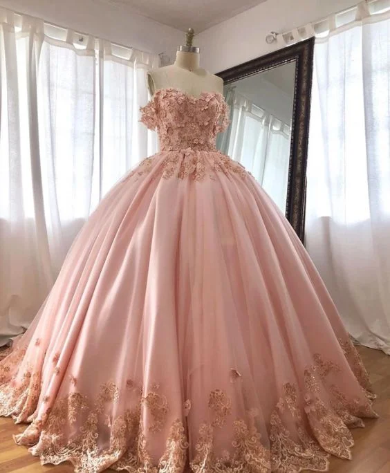 women's chiffon dressesPink Embroidered Lace Ball Gown Quinceanera Dresses Off Shoulder