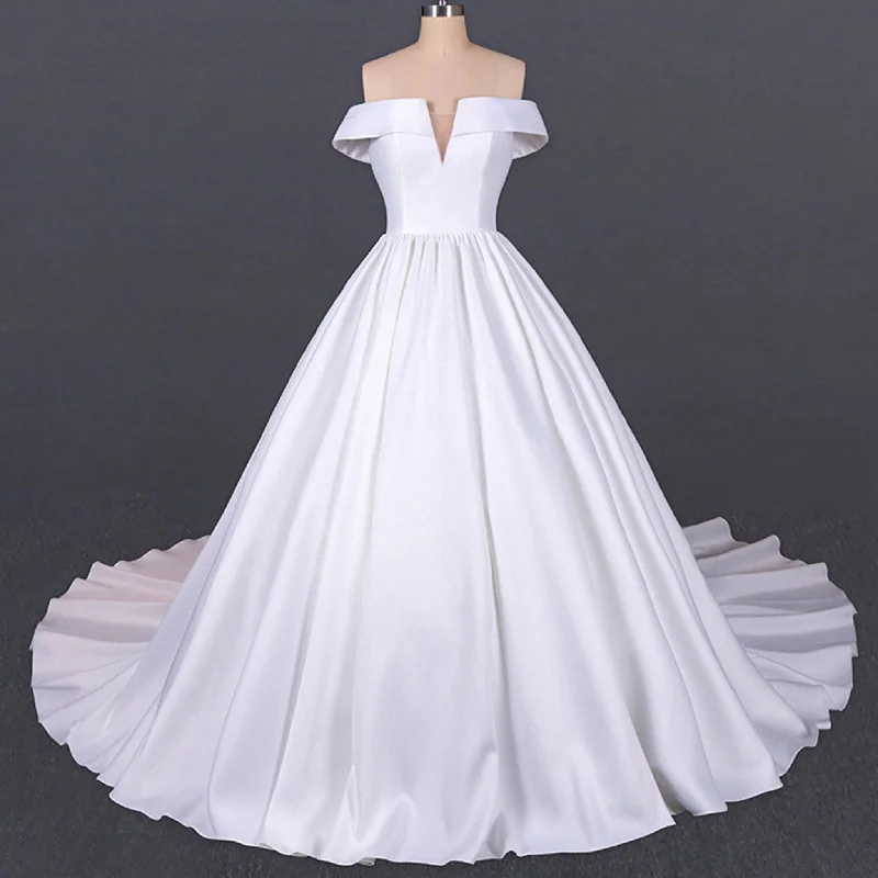 women's flowy dressesPlunging V Off The Shoulder Ball Gown Satin Bridal Gowns