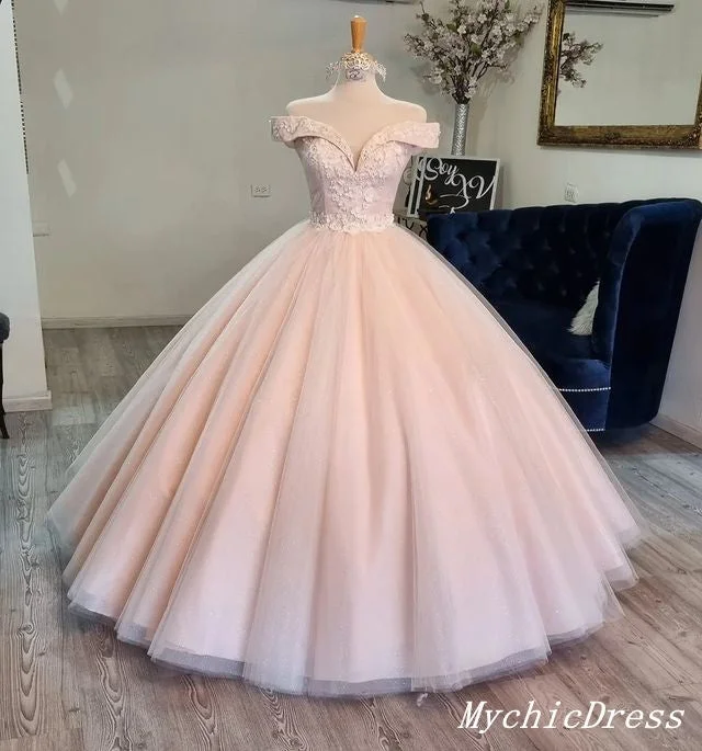 women's custom dressesPrincess Flowers Ball Gown Pink Quinceanera Dresses off Shoulder