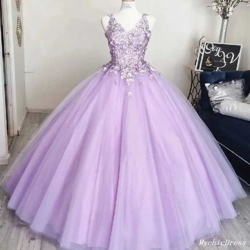 women's made-to-order dressesPrincess Flowers Lavender Flowers Quinceanera Dresses Ball Gown with Petticoat Free