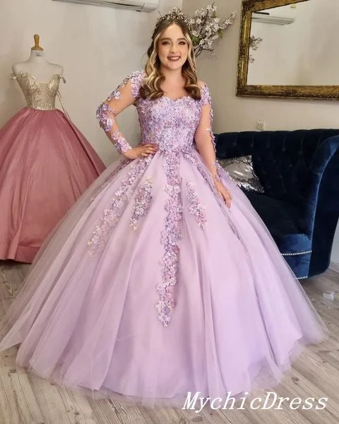 women's bespoke dressesPrincess Flowers Lilac Ball Gown Quinceanera Dresses Long Sleeves Lace Up Back