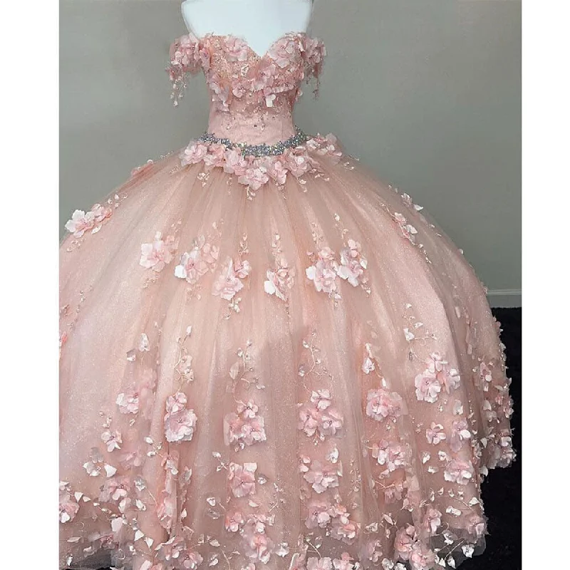 women's glam dressesPrincess Off the Shoulder Beaded 3D Flowers Pink Quinceanera Dresses Ball Gown