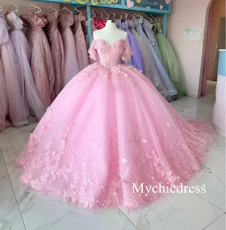 women's denim dressesPrincess Pink Quince Dress 3D Butterfly Ball Gown XV Dress Off Shoulder