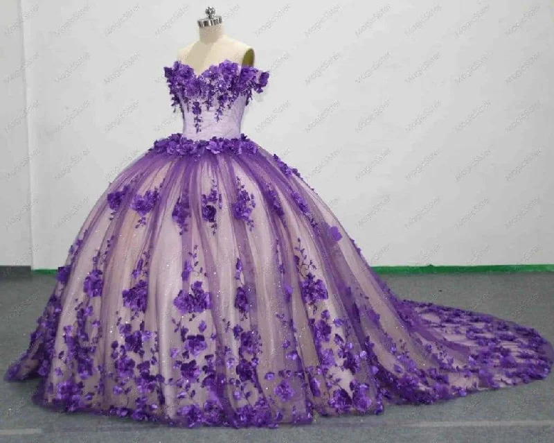 women's machine-washable dressesPrincess Purple 3D Flower Quinceanera Dress Off The Shoulder Ball Gowns