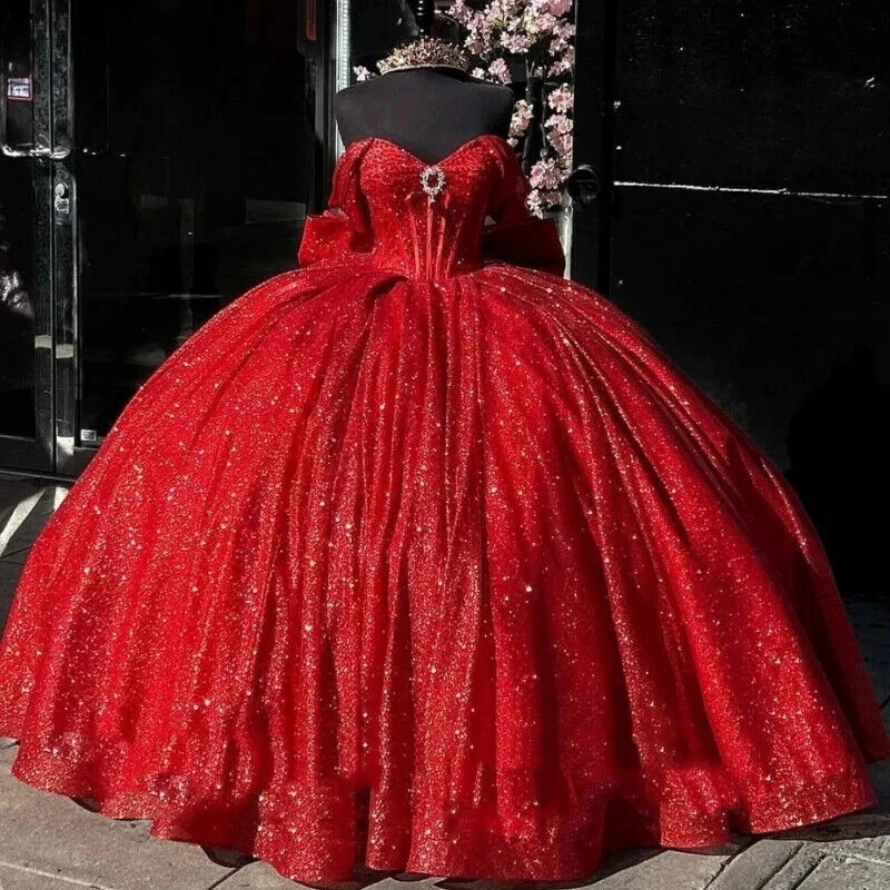 women's sleeveless dressesRed Quinceanera Dresses Beaded Off Shoulder Ball Gown Girls Birthday Gift