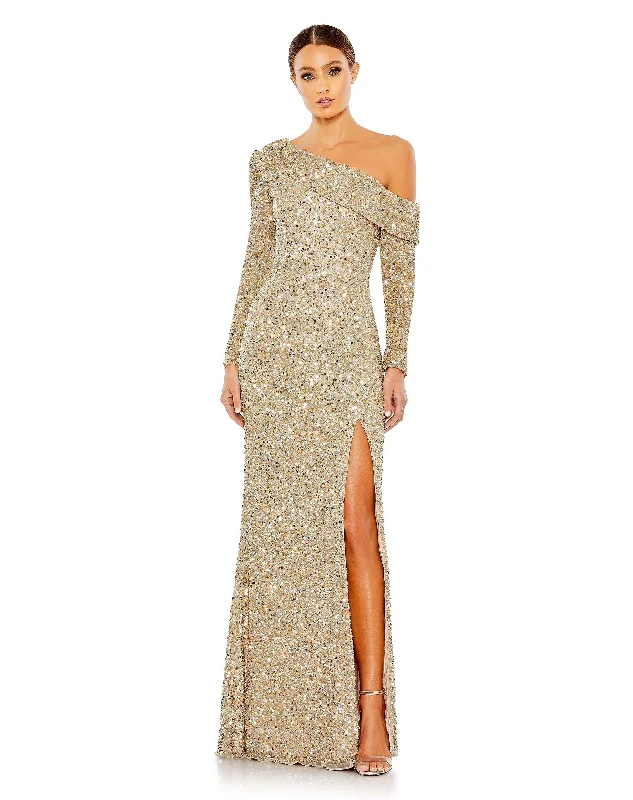 women's wrinkle-resistant dressesSequined Drop Shoulder Long Sleeve Gown