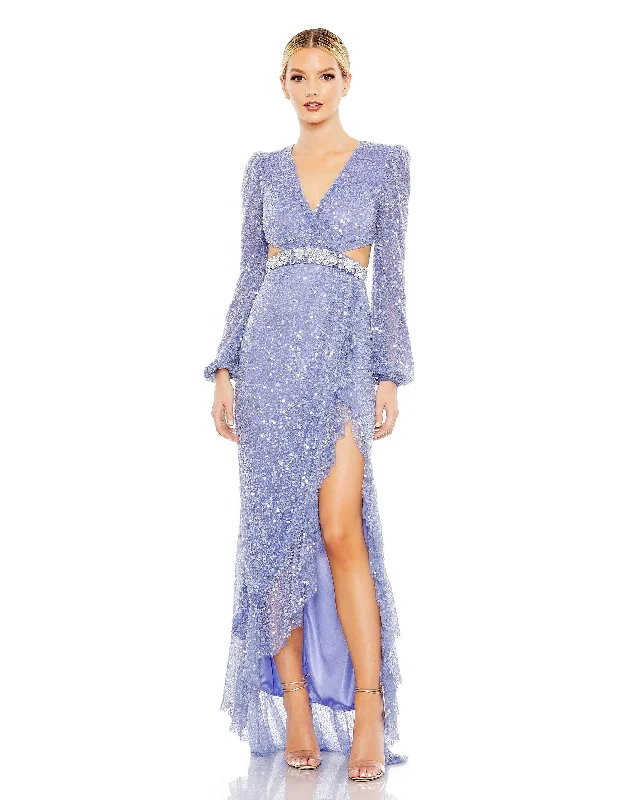 women's sleeveless dressesSequined Faux Wrap Cut Out Puff Sleeve Gown