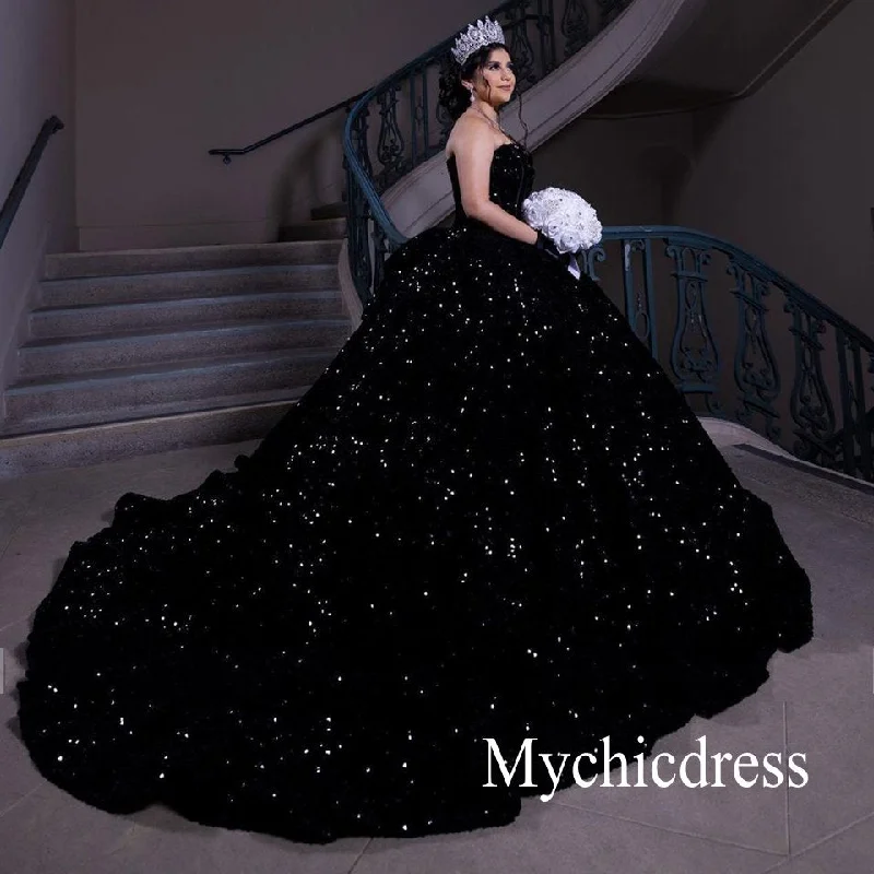 women's metallic dressesSparkly Sequined Black Quinceanera Dresses Ball Gown Vestidos De 15 Años