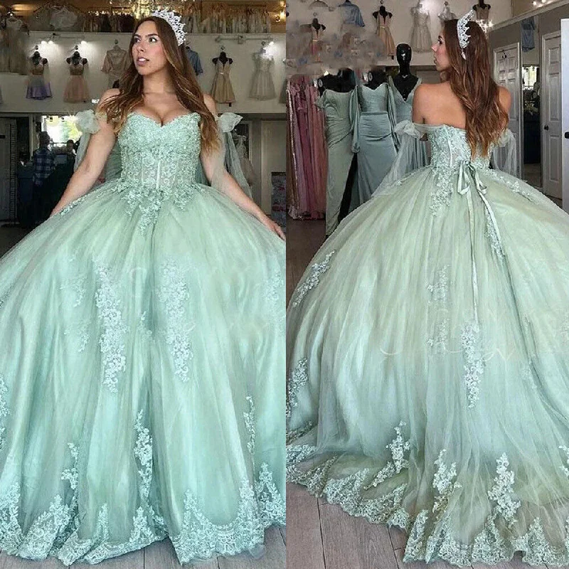 women's flutter-sleeved dressesSweet 16 Dress Mint Lace Quinceanera Dresses Off the Shoulder Ball Gown