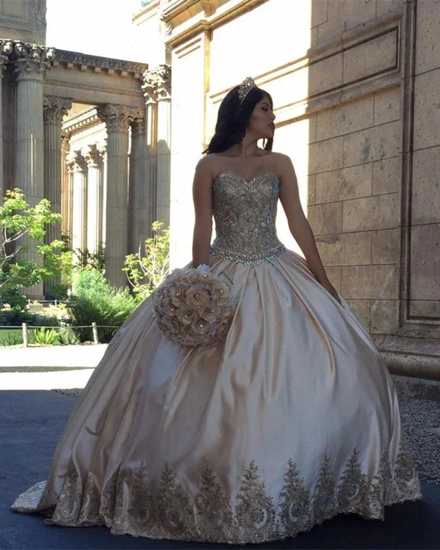 women's high-low dressesSweetheart Embroidery Satin Gold Quinceanera Dresses Lace Ball Gowns