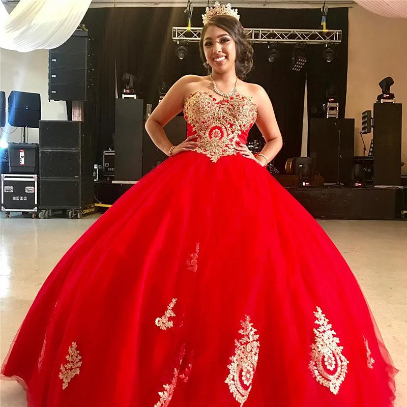 women's floral dressesSweetheart Lace-up Appliques Bright Red Ball Gown Quinceanera Dresses