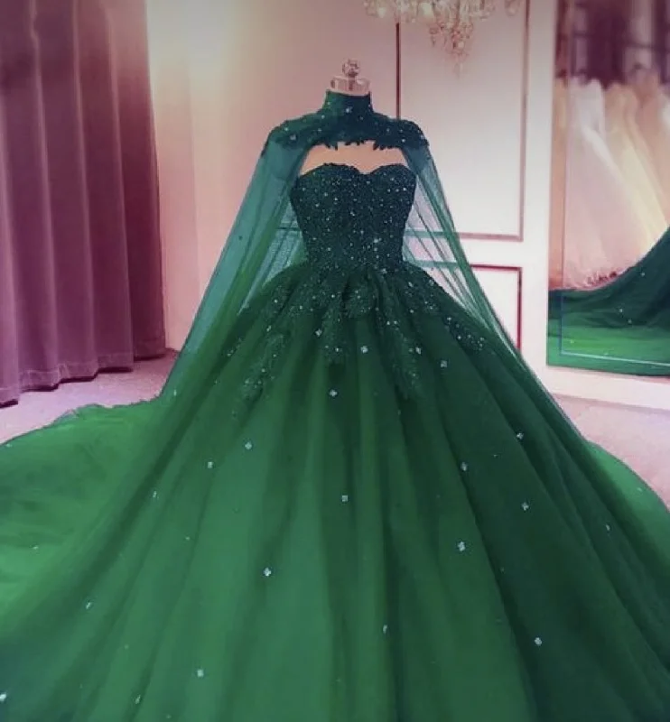 women's midi dressesTulle Ball Gown Emerald Green Quinceanera Dresses Crystals With Cape Free